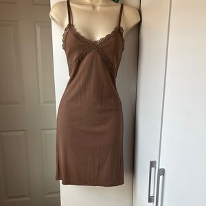 Elegant Brown Lace Trim Slip Dress